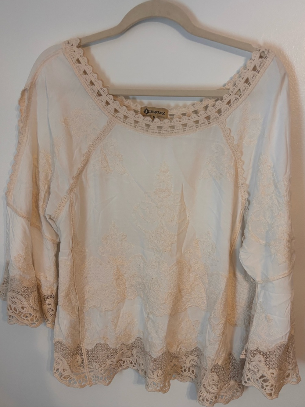 Democracy Cream Embroidered Crochet-Trim Tunic Top